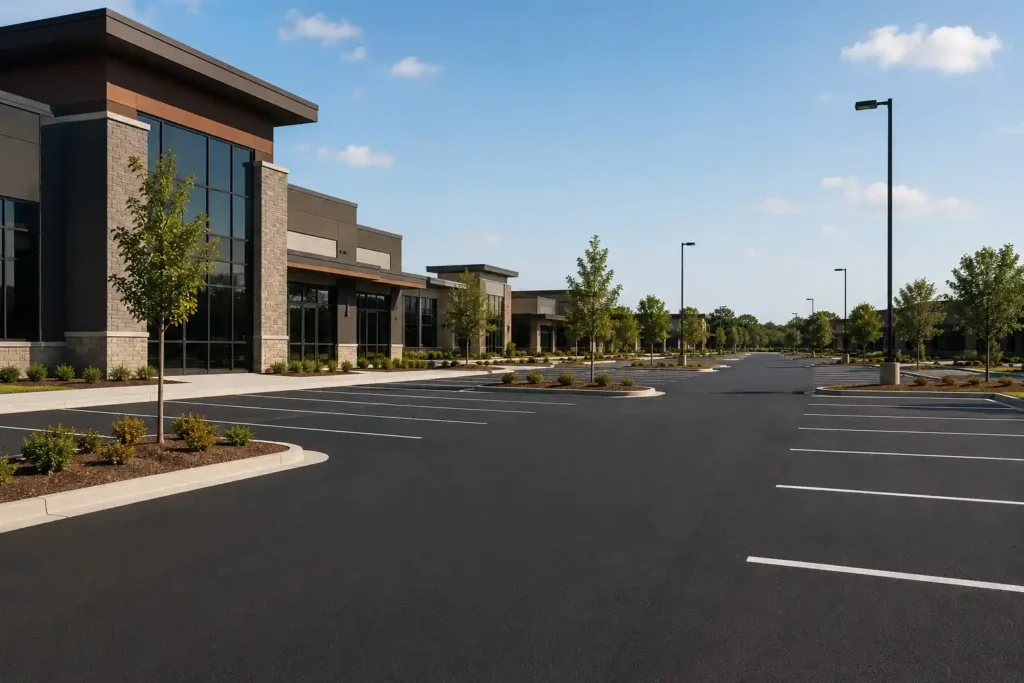 Modern commercial complex with landscaped lot