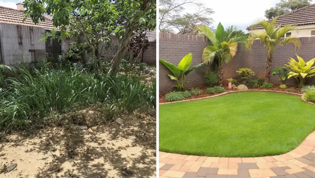 Before and after landscaping transformation showing a complete garden makeover with lush lawns, modern planting, and improved outdoor spaces in Bulawayo.