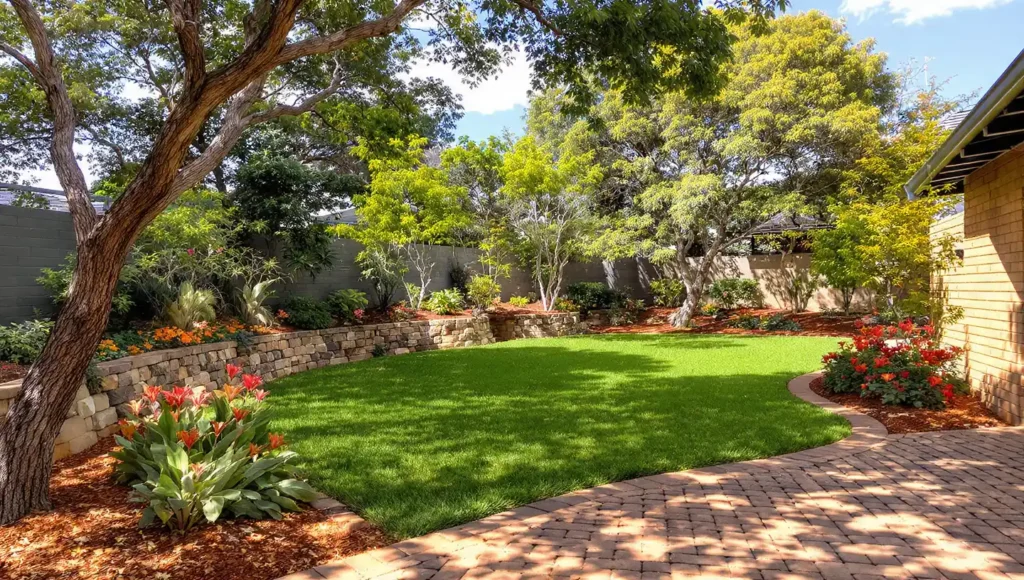 Residential landscaping project with a beautifully designed garden, lush lawn, ornamental plants, and paved walkways at a home in Bulawayo.