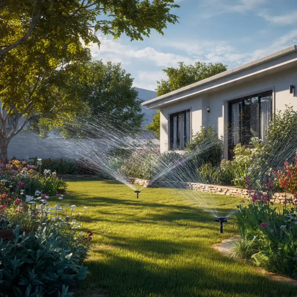 Close-up of a garden sprinkler system watering a lush lawn in Bulawayo