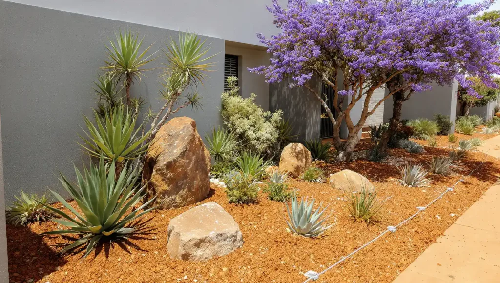 Water-wise indigenous garden with drought-tolerant native plants, natural stone features, and sustainable landscaping in Bulawayo.