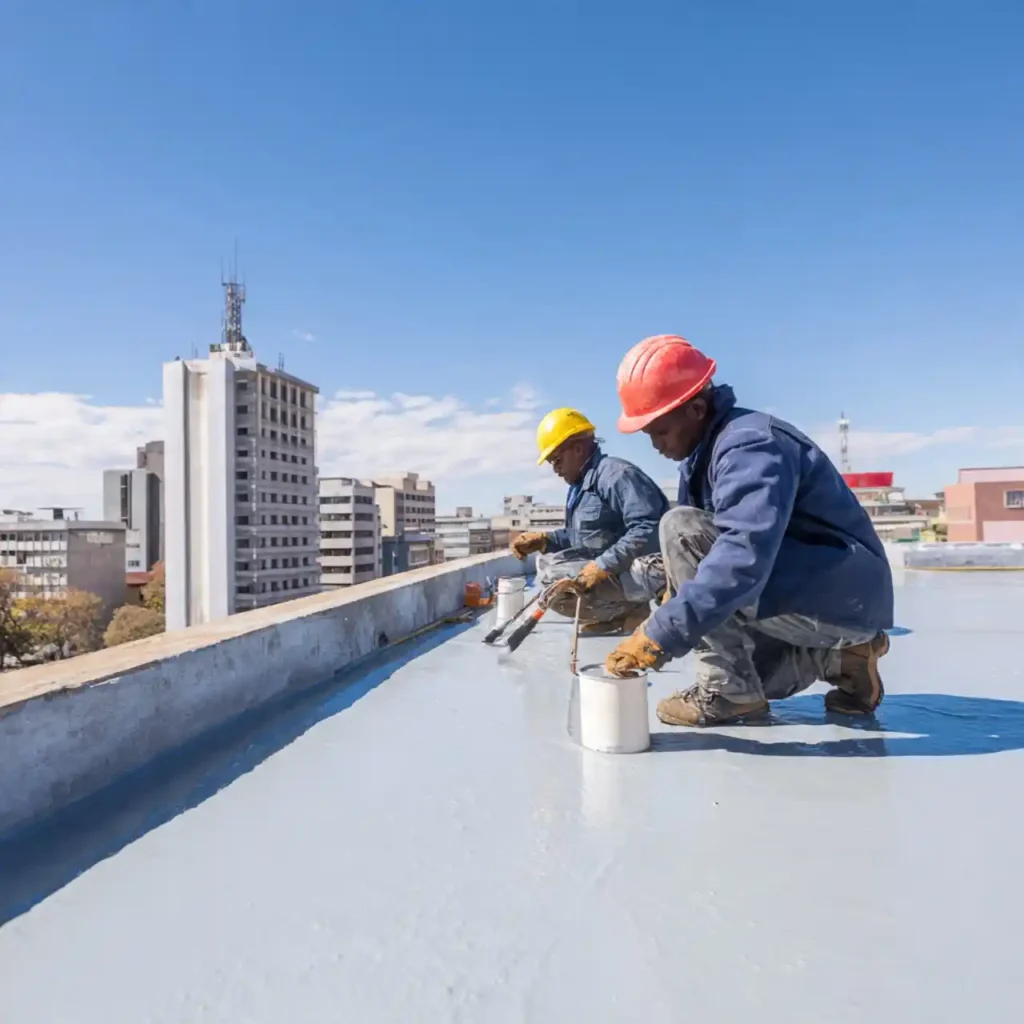 Roof balcony waterproofing in Bulawayo showing liquid membrane application on a concrete deck