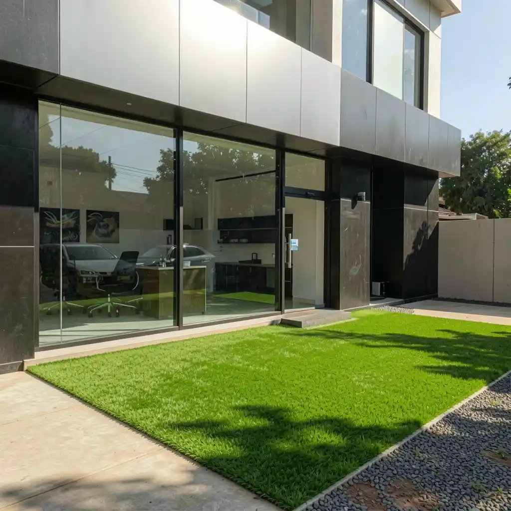Artificial grass installed outside a modern commercial property in Bulawayo, creating an attractive and low-maintenance outdoor space.