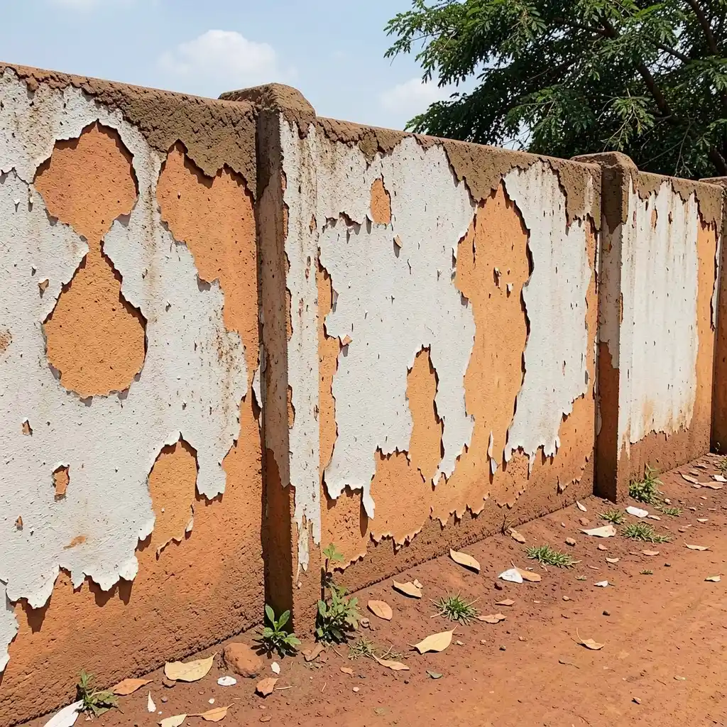 Peeling plaster and damaged surface on a boundary wall in Bulawayo